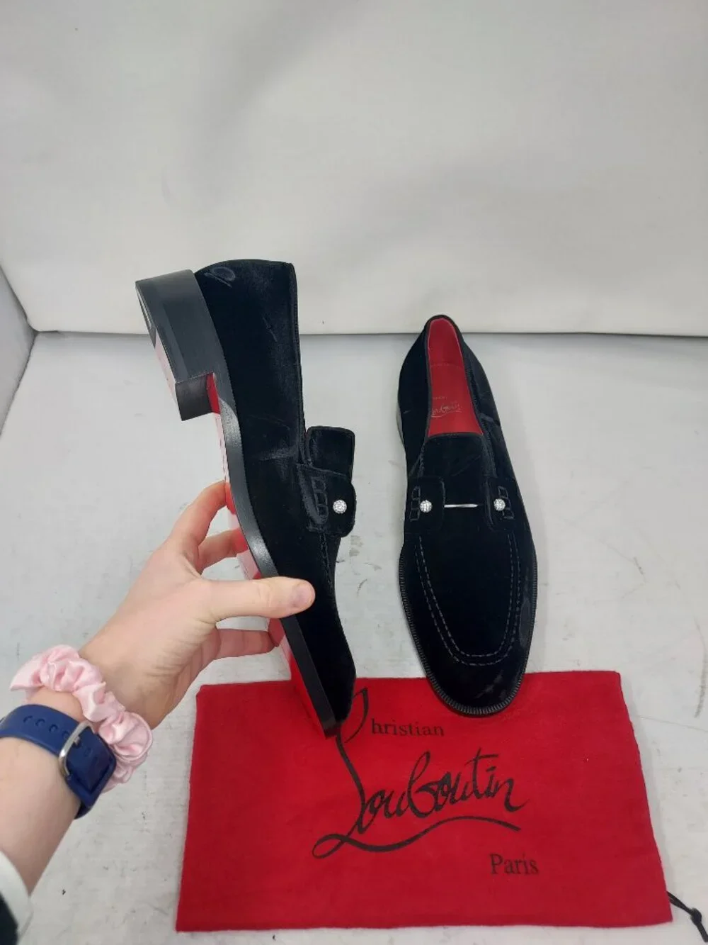 CHRISTIAN LOUBOUTIN Black Mens Chambelimoc Night Strass Velvet Loafer Shoe